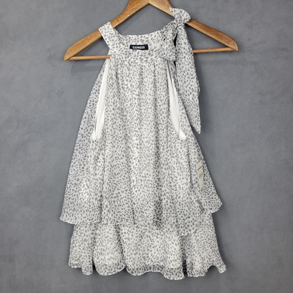 Express Fit & Flare Dress Women's M Gray White Sleeveless Layered Hem Boho Fairy